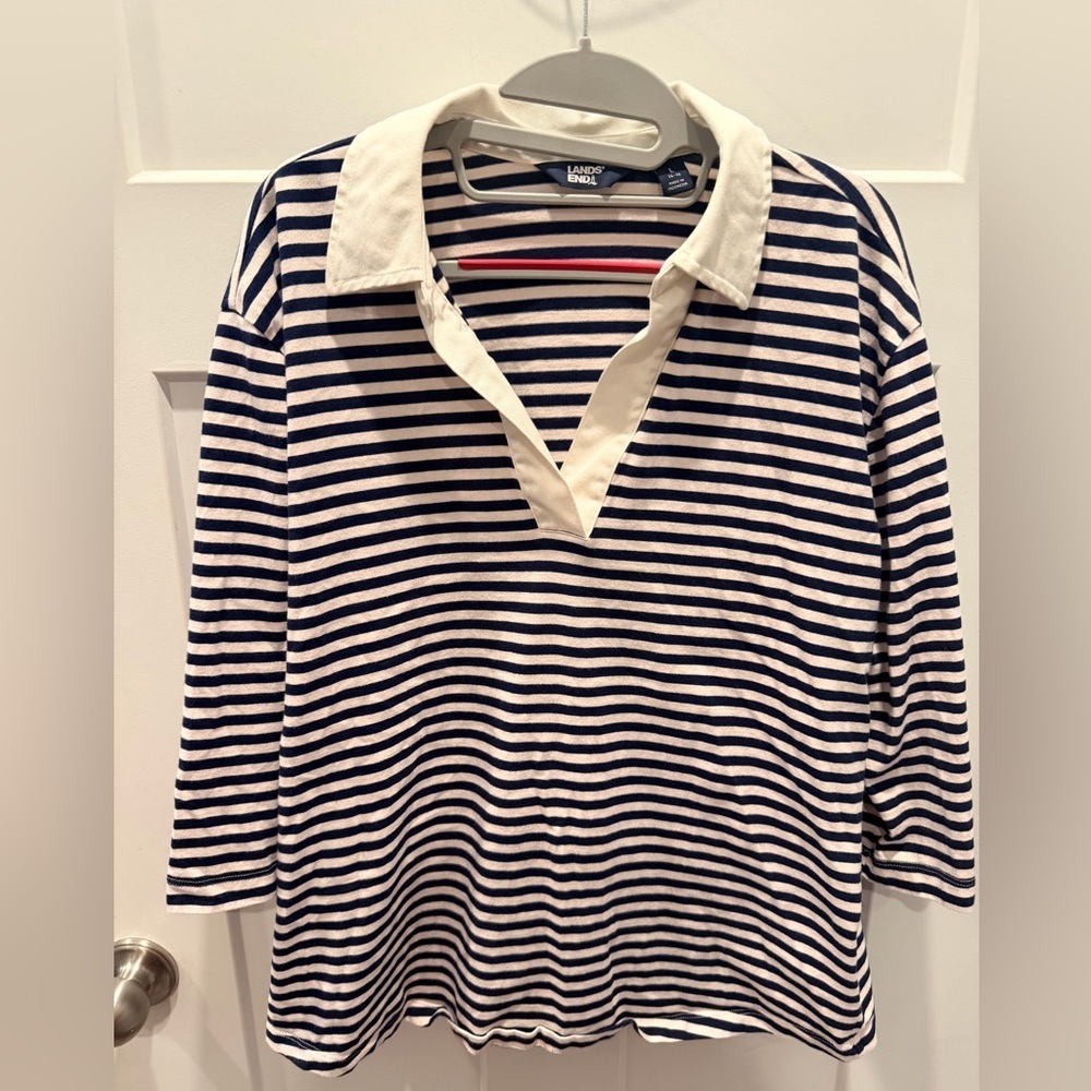 Lands’ End Navy Striped Collared Top Size L Nautical Preppy Classic